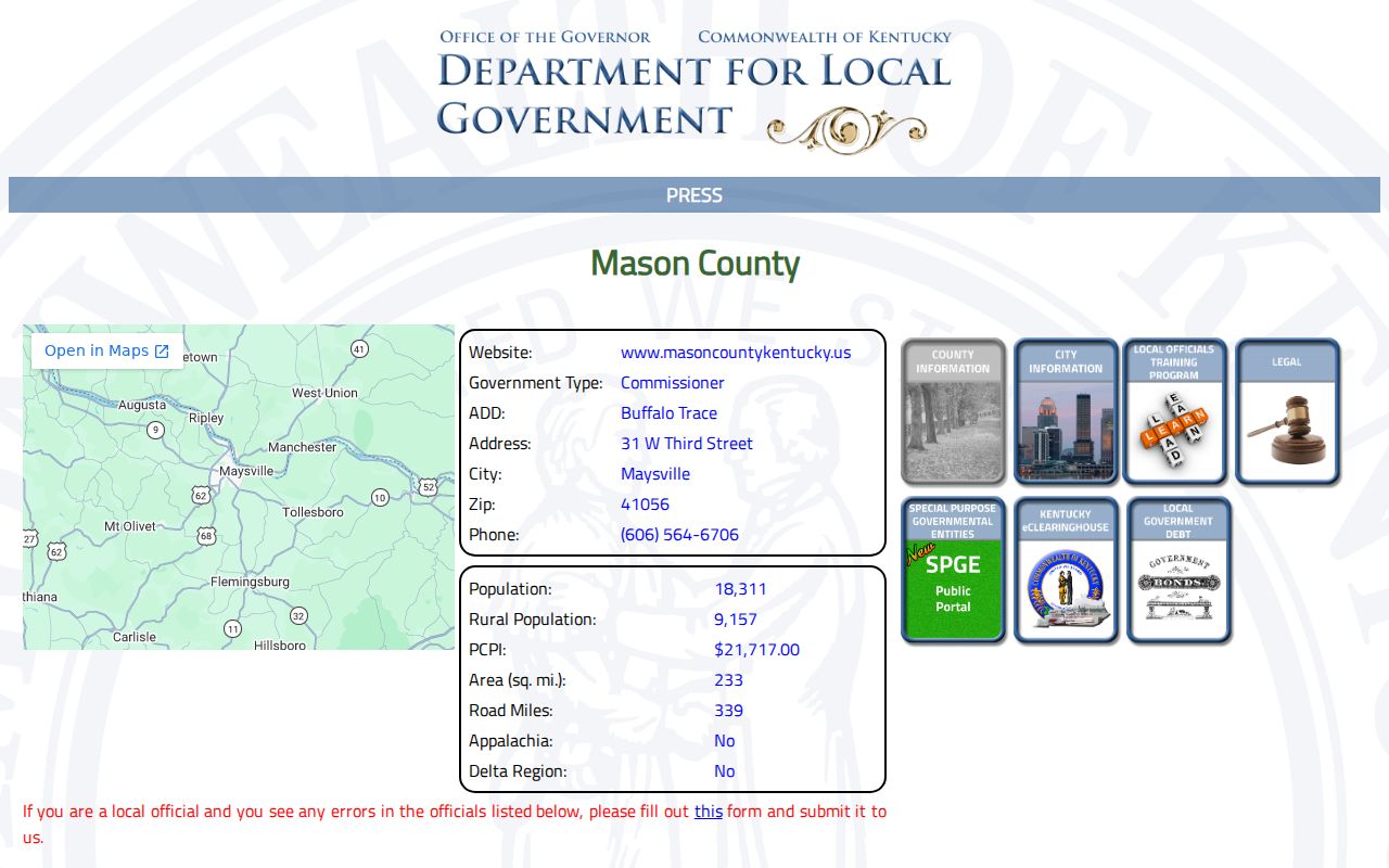 Mason County officials directory for Dover criminal records