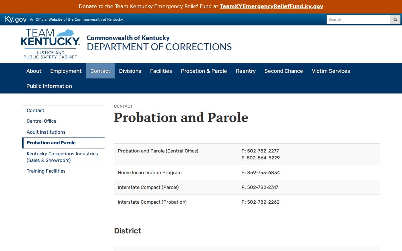 Kentucky probation and parole contacts for Sardis criminal records